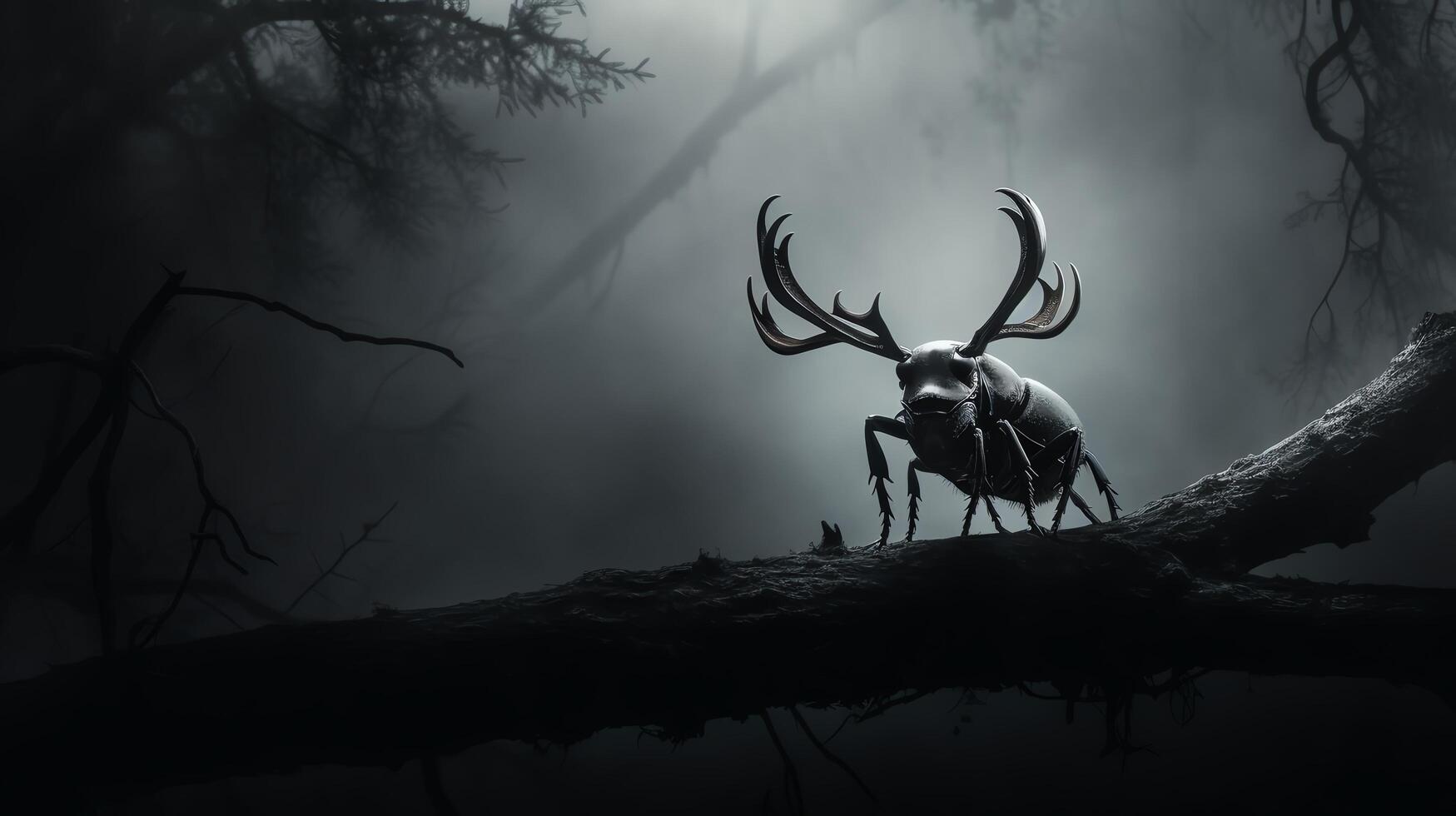 A dark and mysterious forest with a large, glowing beetle on a branch. photo