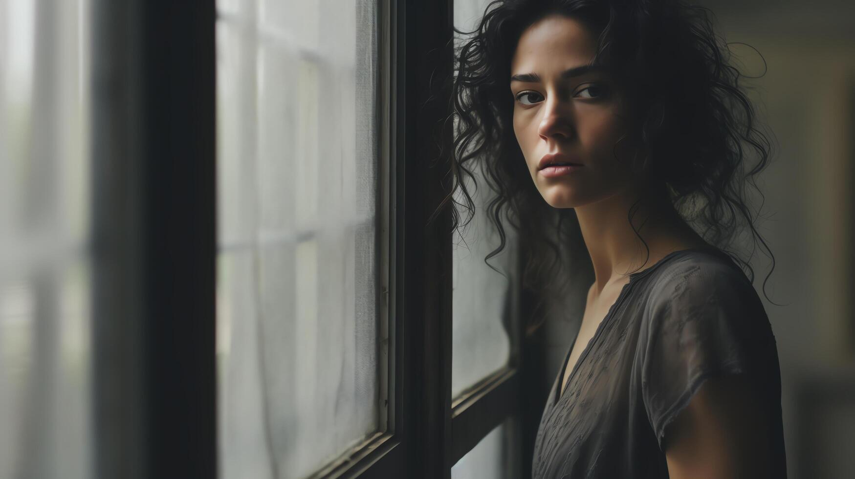 A beautiful young woman with long black hair is standing in front of a window photo