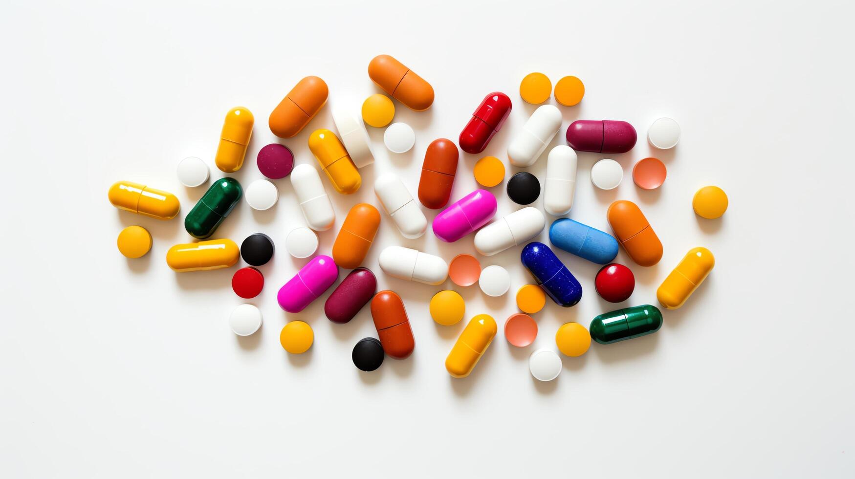 An array of various colorful pills scattered on a white background, symbolizing diversity in medication and healthcare options. photo