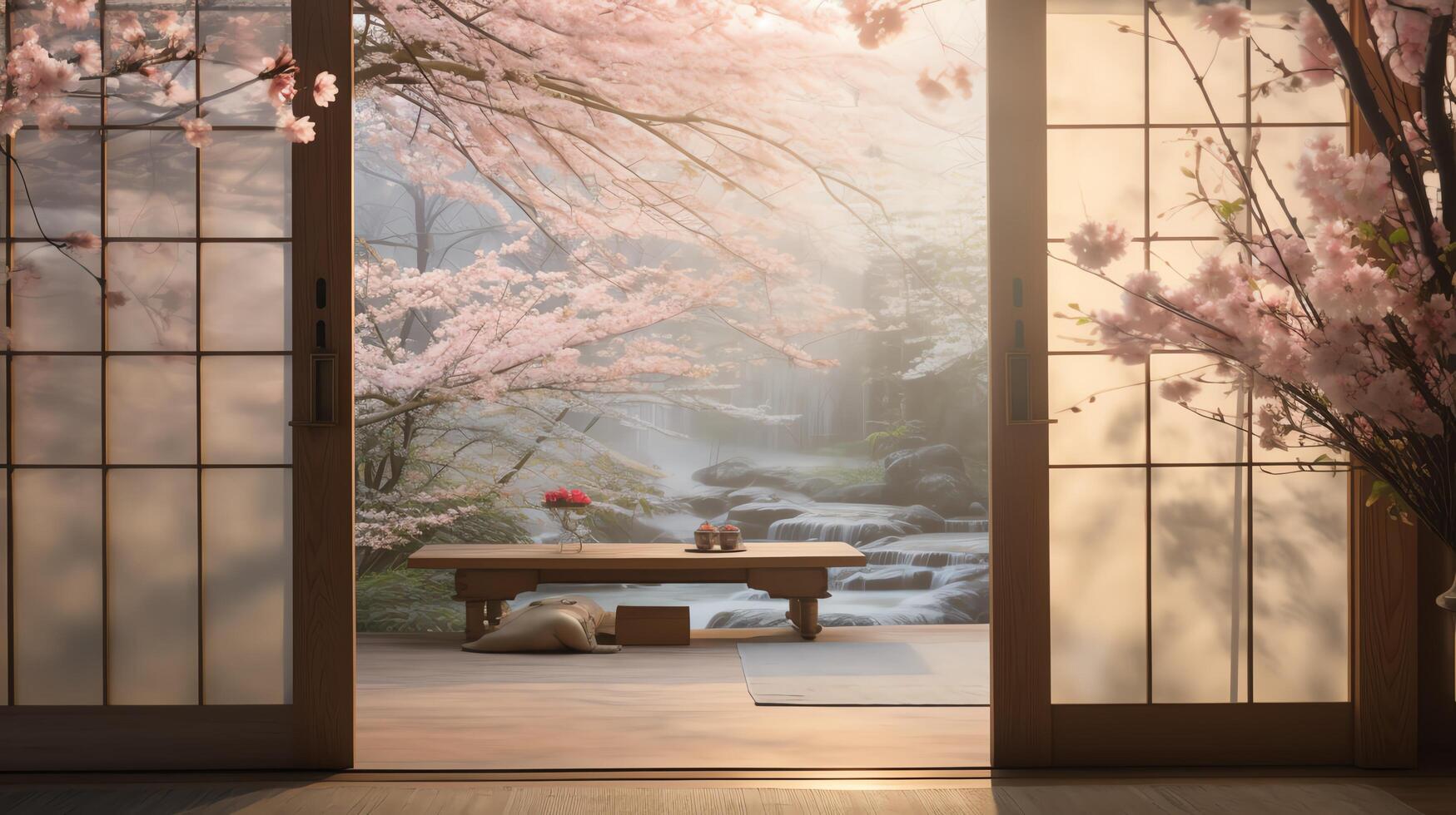 japanese style room with a view of a cherry blossom garden photo