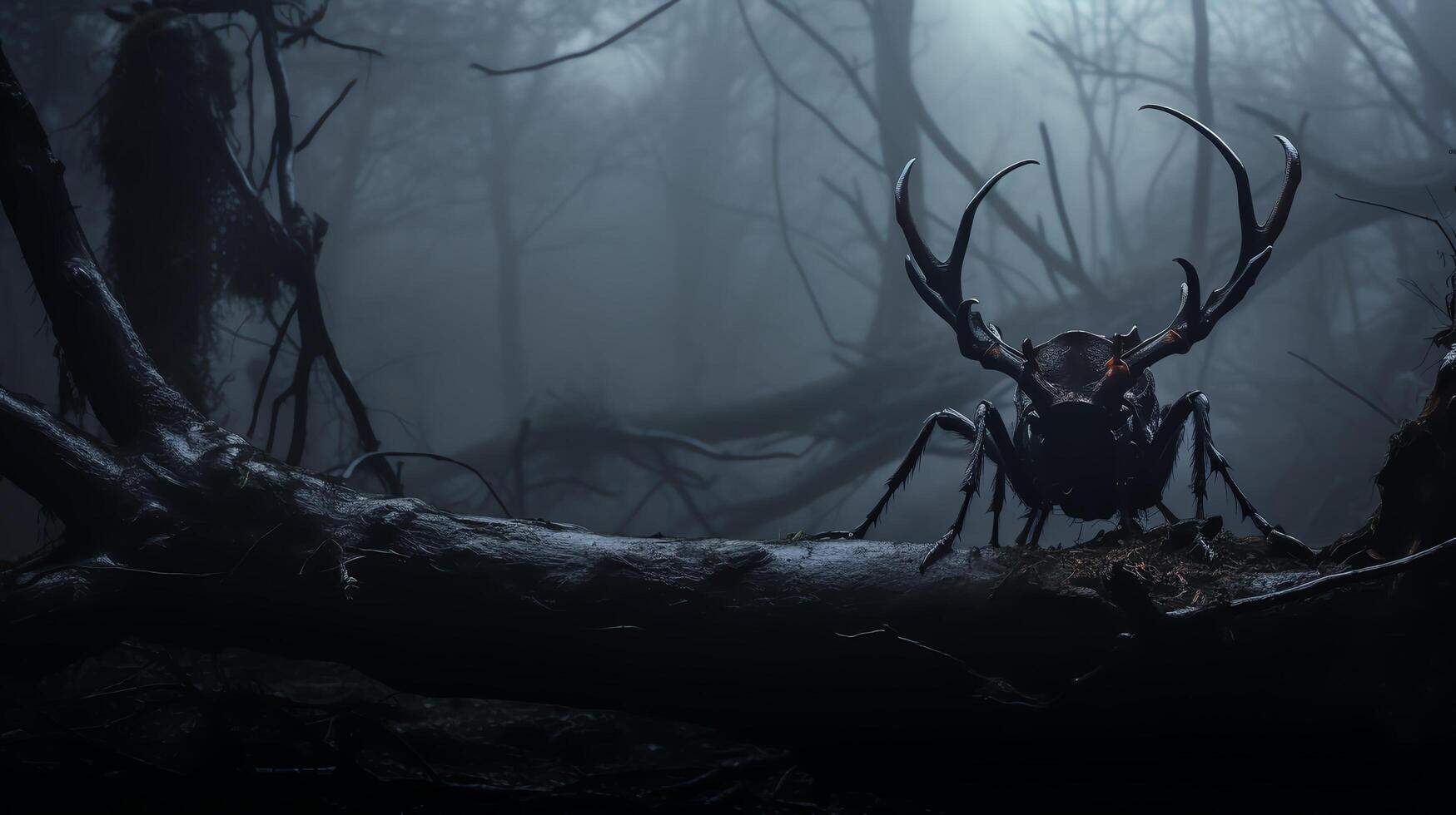 un oscuro, atmosférico Disparo capturar un ciervo escarabajo en un roto rama, con niebla rodeando él, utilizando el regla de tercios y alto contraste para un siniestro cinematográfico mirar. foto