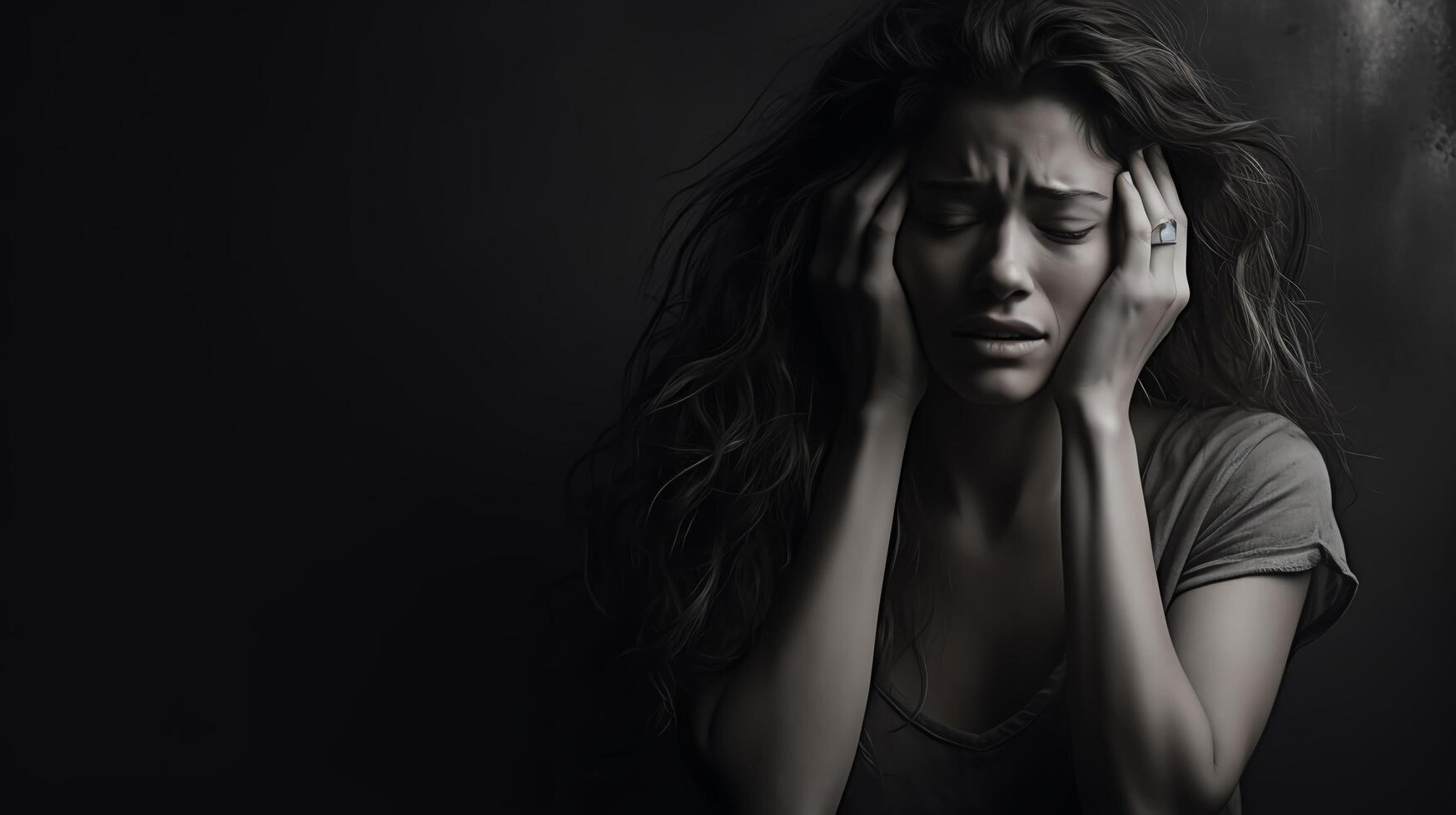 A black and white portrait of a woman with long hair, dark circles under her eyes, and a hand on her head. She is looking down with a sad expression. photo