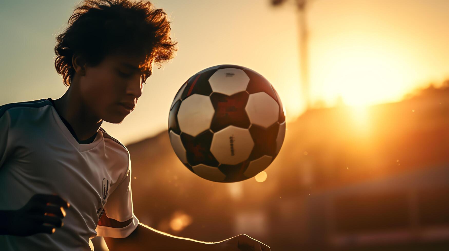 High-contrast image showing the critical moment a soccer ball is hit, viewed from behind the player, focusing on their intense gaze under the late afternoon sunlight. photo