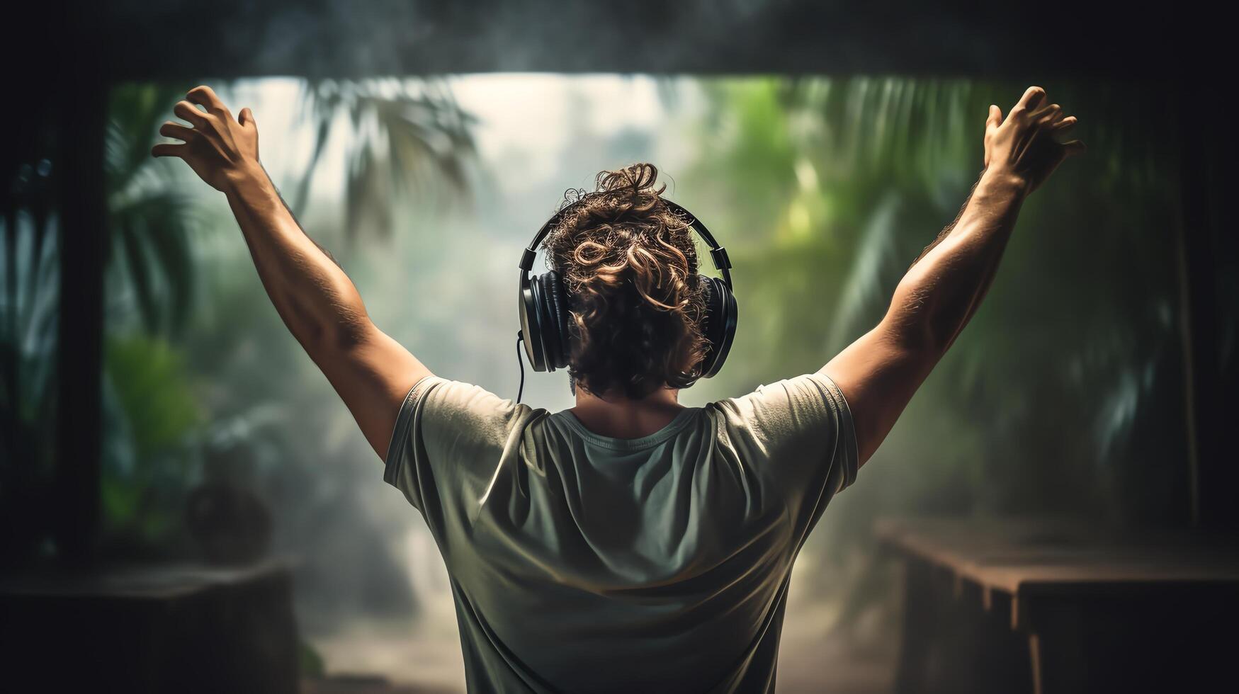 Photo of a man turning his back to the camera, headphones in place, arms raised in a carefree dance, immersed in the rhythm.