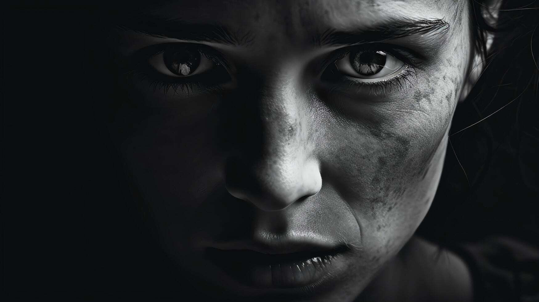 A close-up portrait of a young woman with curly hair and freckles on her face. She is looking at the camera with a serious expression. photo