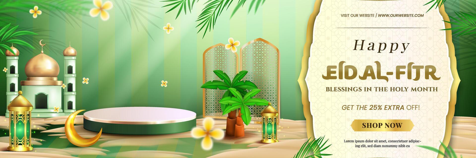Happy Eid al fitr 3D realistic green luxury with Lantern, Geometric Pattern ornament, Suitable for Greeting card, Web Banner Premium vector