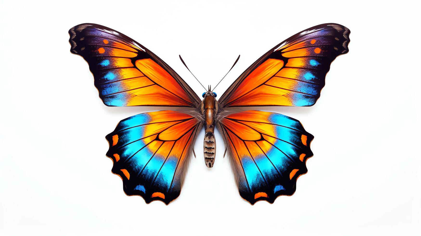 Brightly colored butterfly, wings spread, perched on a delicate twig, isolated on a white background, crisp focus. photo