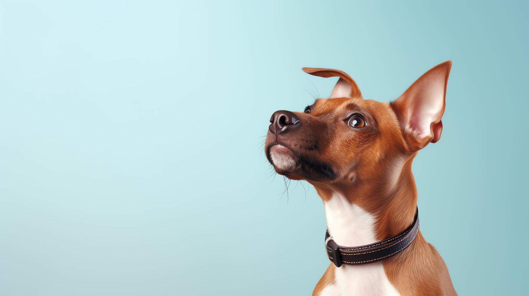 A cute dog gazing upwards, captured against a plain, light-colored background with significant copy space, suitable for pet adoption campaigns or educational pet care materials. photo