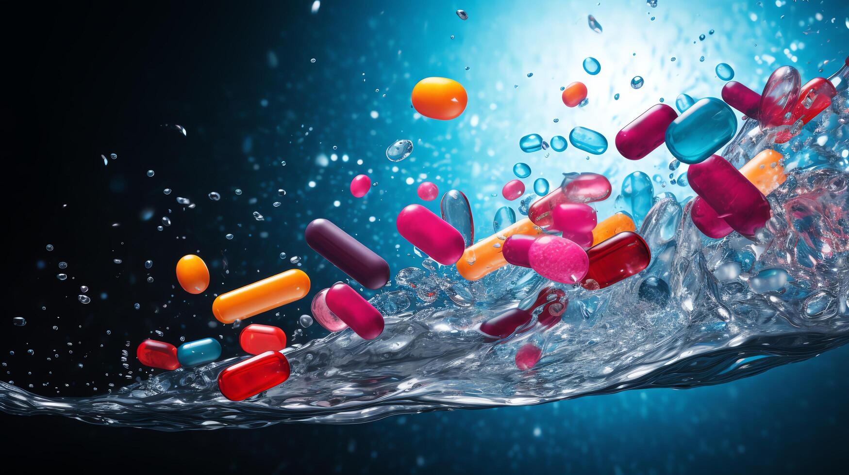 A conceptual image showing a pill dissolving in water, with bubbles and a dynamic splash, representing fast-acting medication. photo
