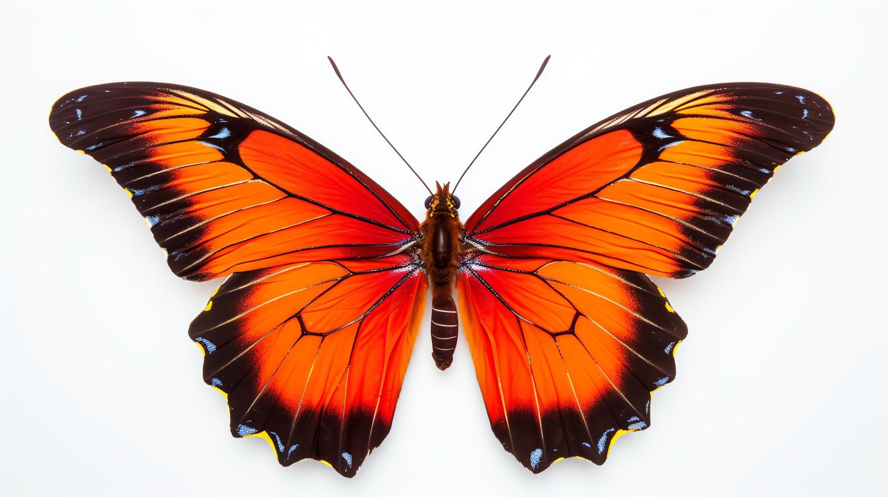 Brightly colored butterfly, wings spread, perched on a delicate twig, isolated on a white background, crisp focus. photo