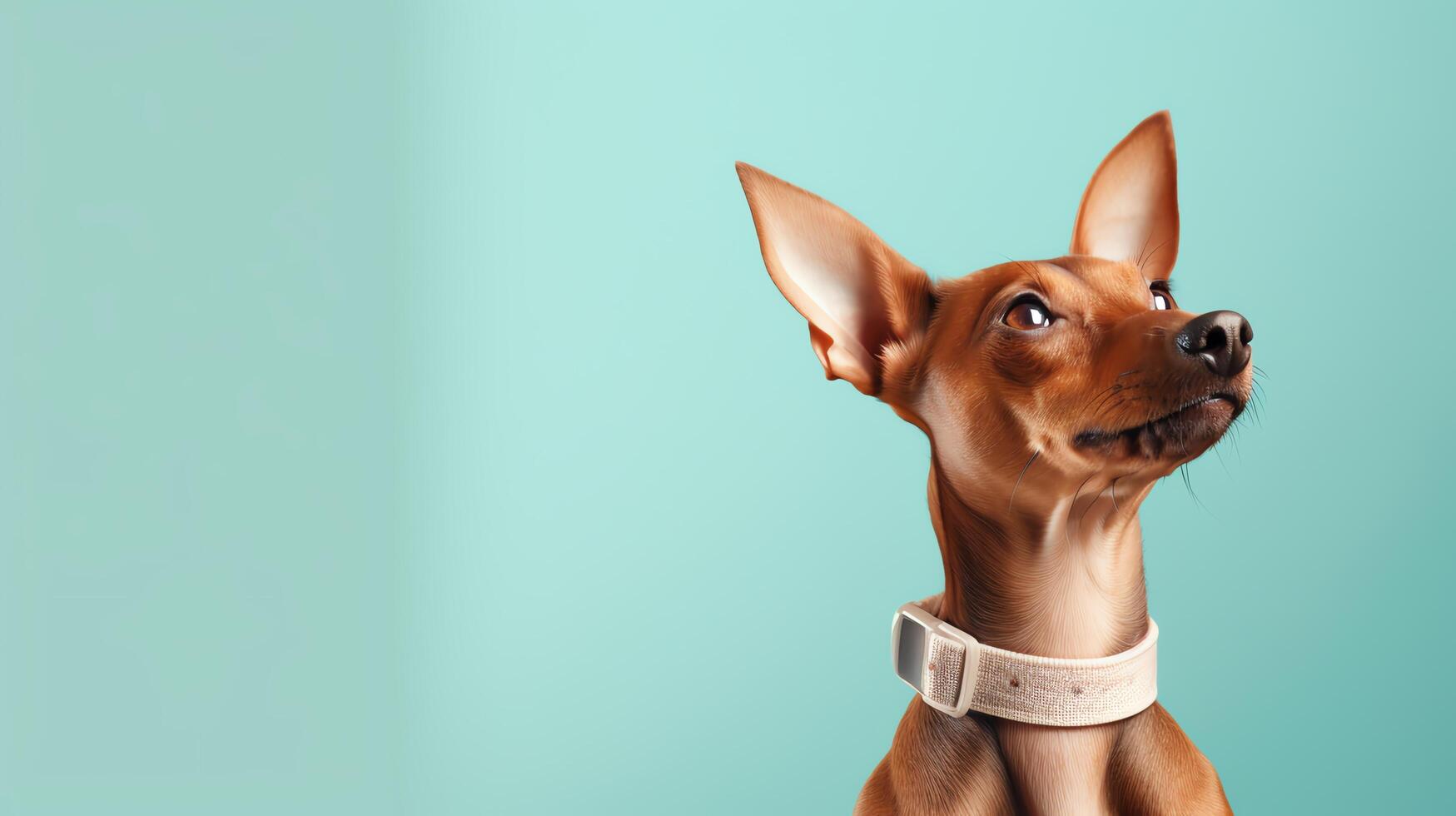A cute dog gazing upwards, captured against a plain, light-colored background with significant copy space, suitable for pet adoption campaigns or educational pet care materials. photo