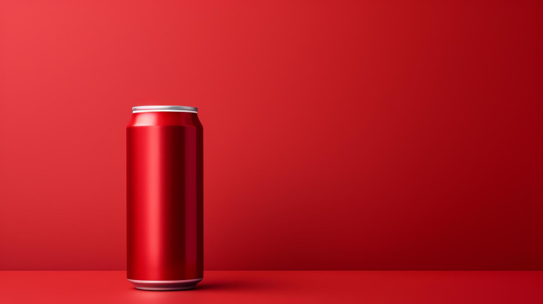 Create a photorealistic rendering of a single red aluminum can on a red table against a red background photo