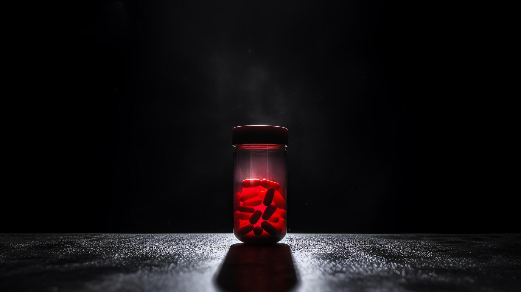 A dramatic scene of a single drug capsule highlighted under a spotlight against a dark, moody background, emphasizing the power of medication. photo