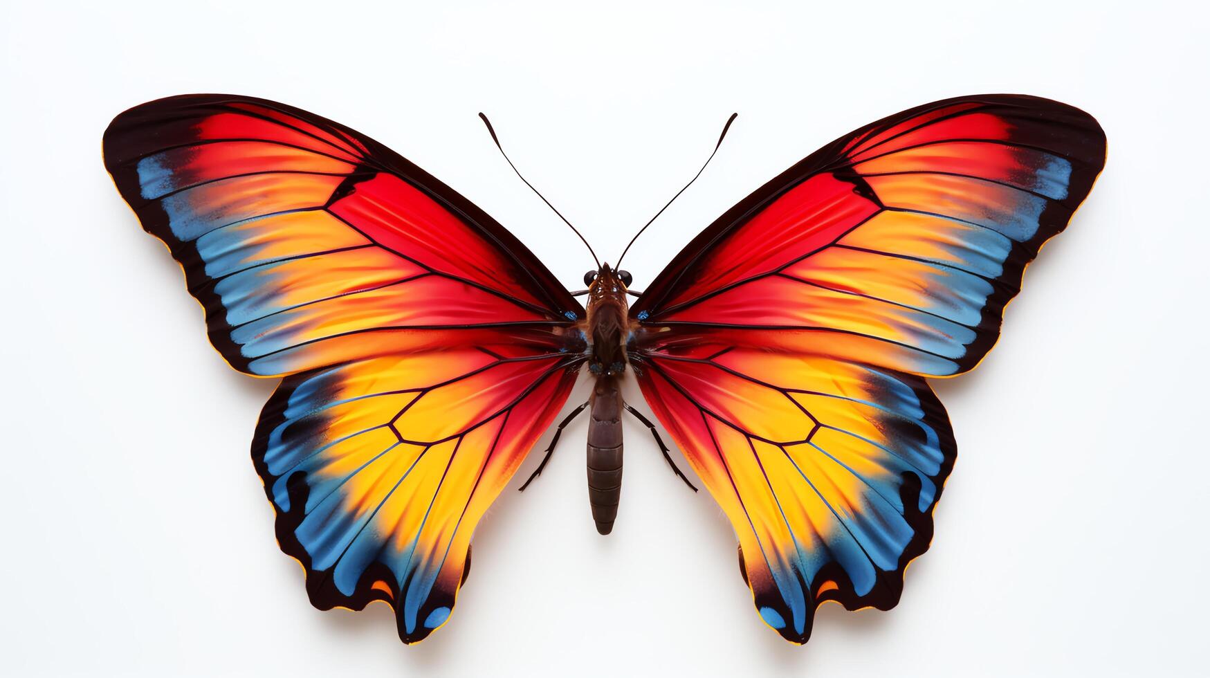 Brightly colored butterfly, wings spread, perched on a delicate twig, isolated on a white background, crisp focus. photo