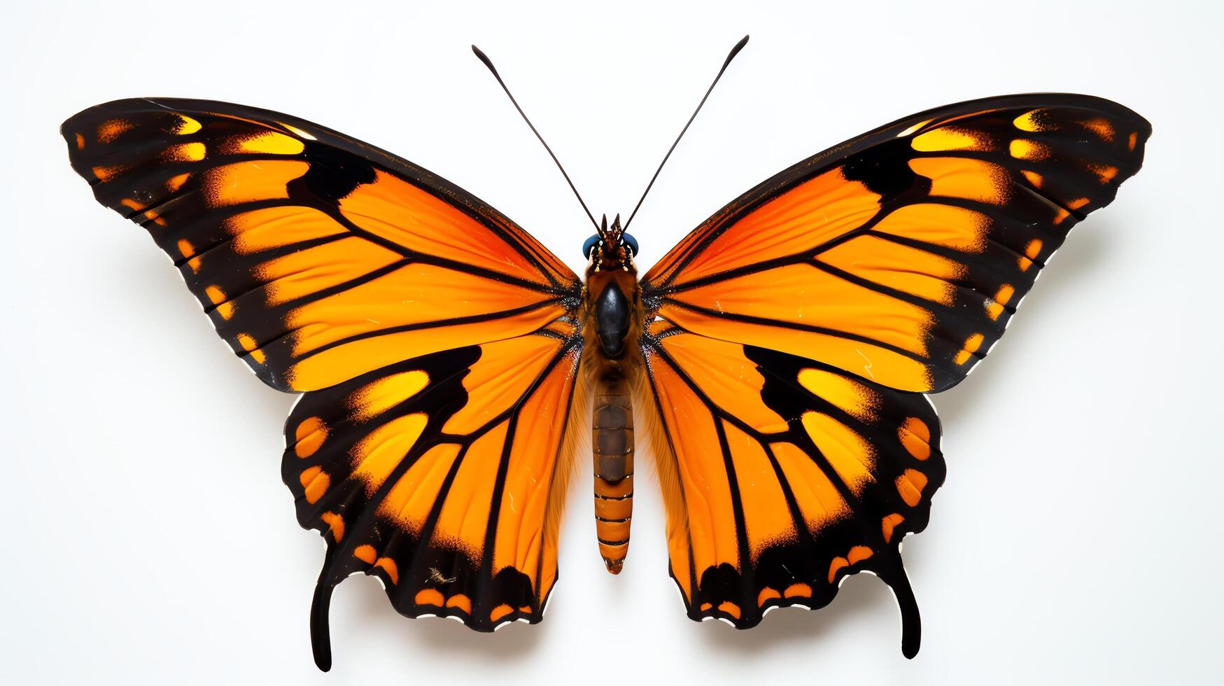 Brightly colored butterfly, wings spread, perched on a delicate twig, isolated on a white background, crisp focus. photo