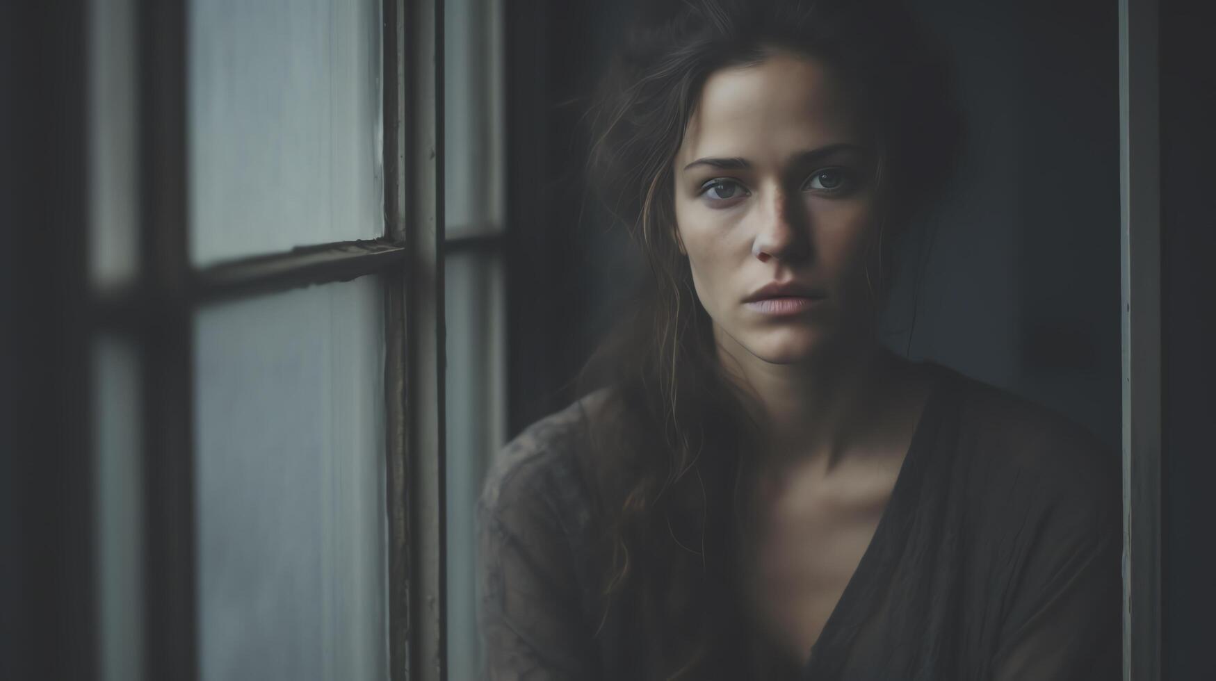 A beautiful young woman with long brown hair is sitting by a window. She is wearing a gray shirt and looking at the camera with a serious expression. photo