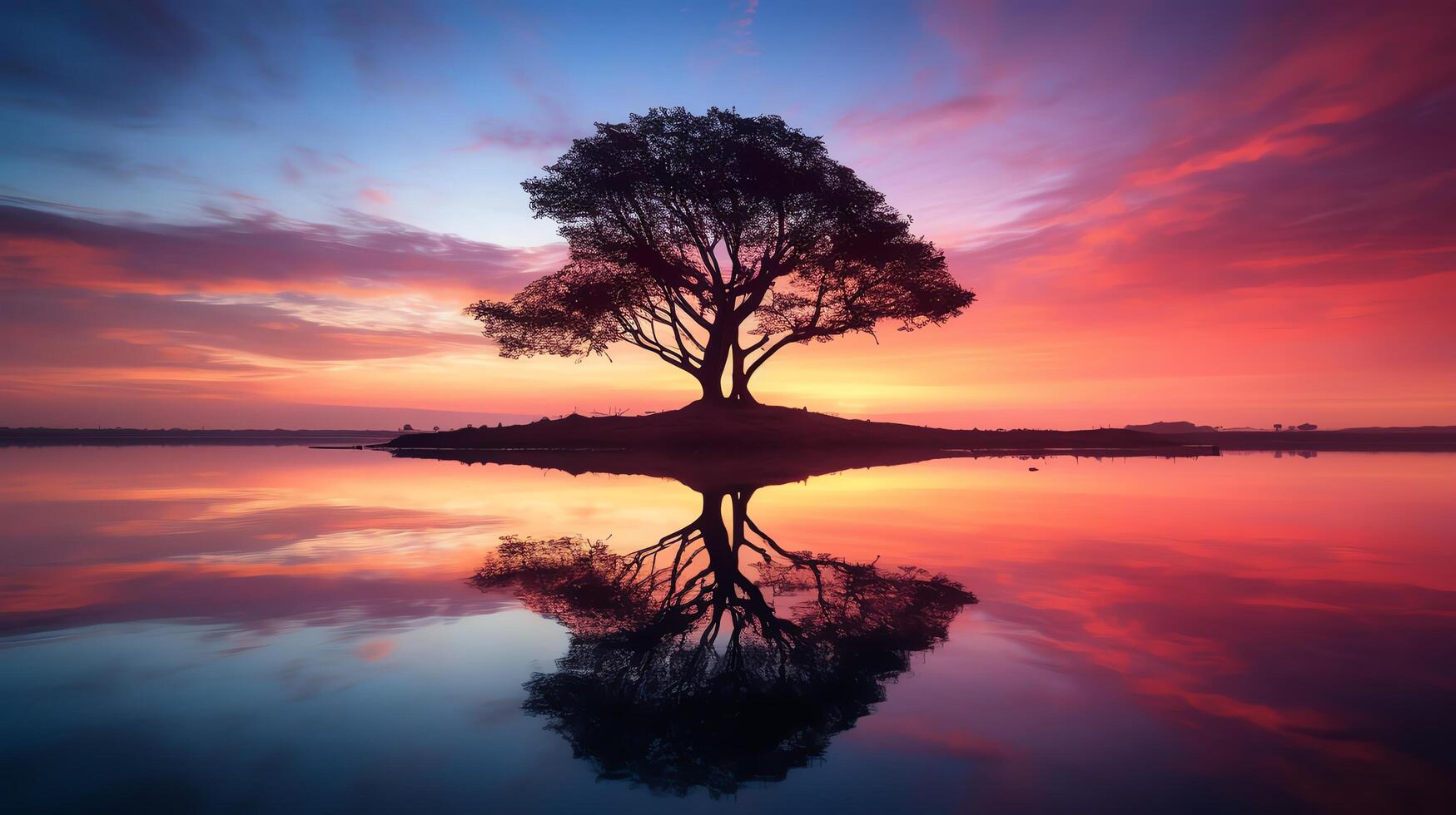 A large tree stands alone in a field. The sky is a vibrant orange and pink, and the water is calm and still. photo