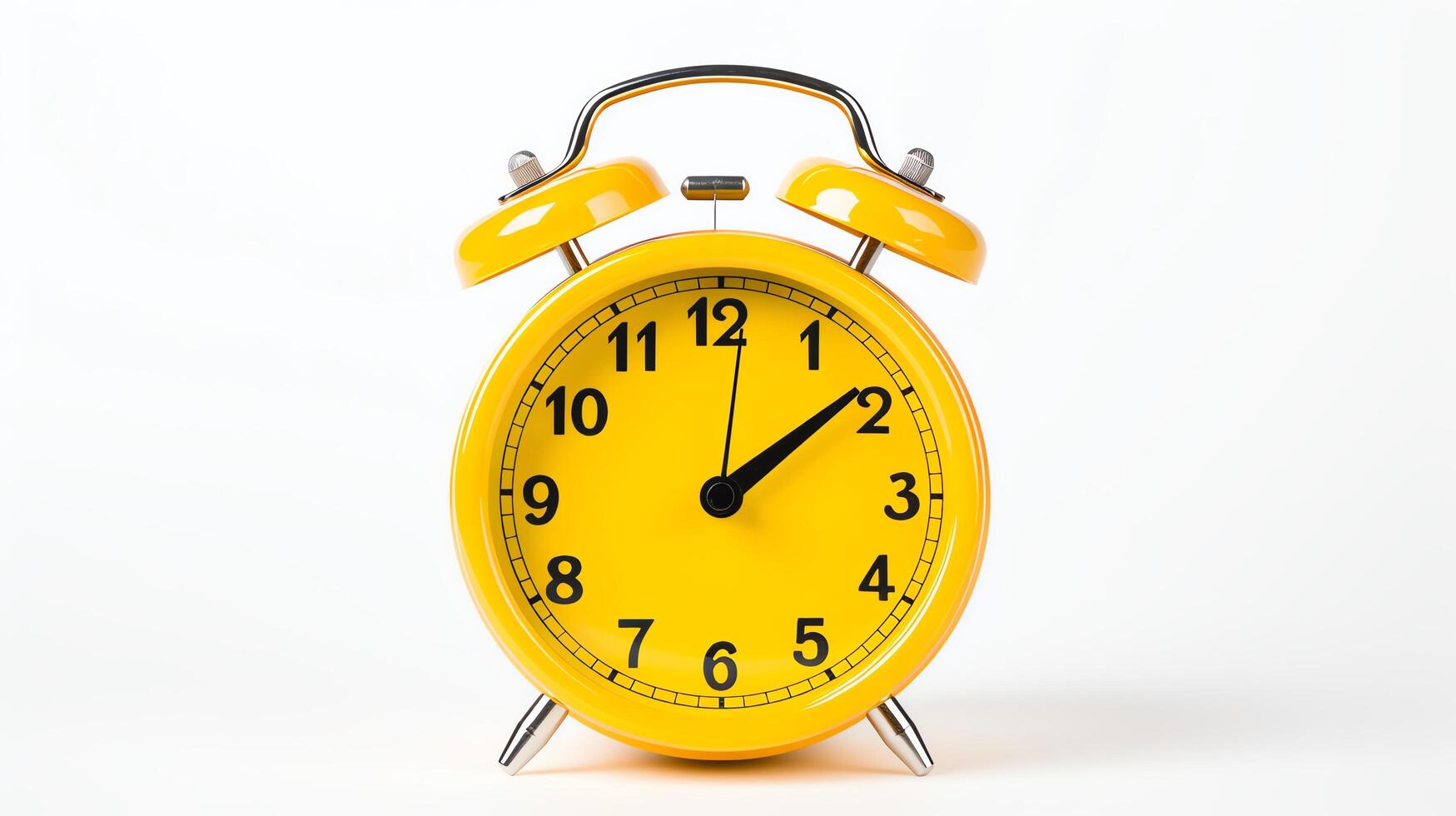 Vintage alarm clock, bright yellow, isolated against a stark white backdrop, highlighting bold colors and retro design. photo