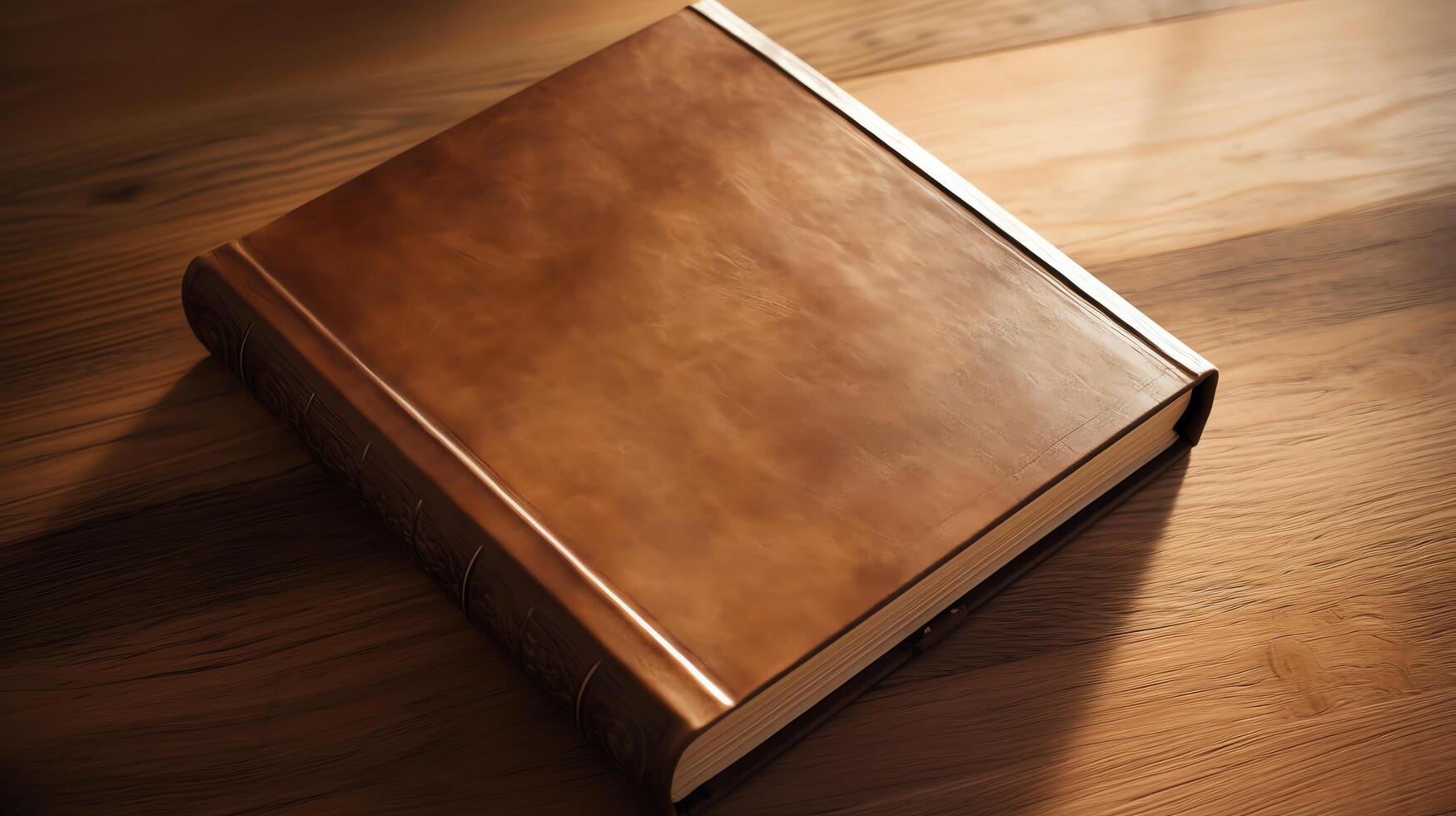 A photo of a leather book on a wooden table.