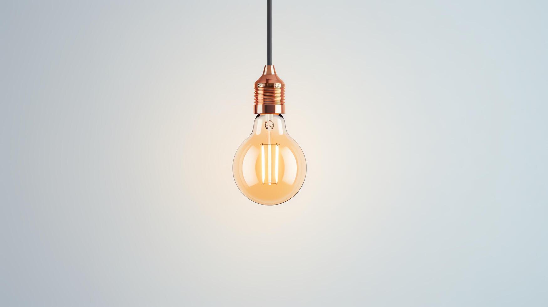 A single incandescent light bulb hangs from a cord against a pale gray background. photo