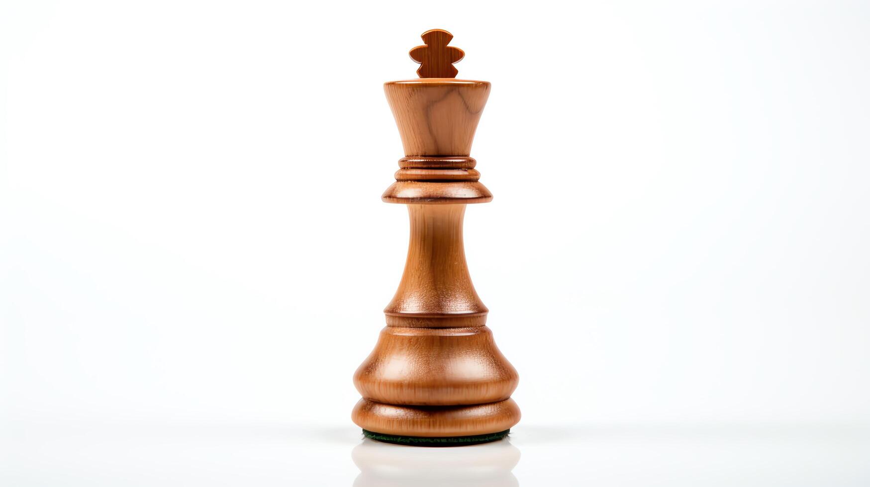 Single chess piece, the Queen, carved from wood, isolated on a reflective white surface, symbolizing strategy. photo