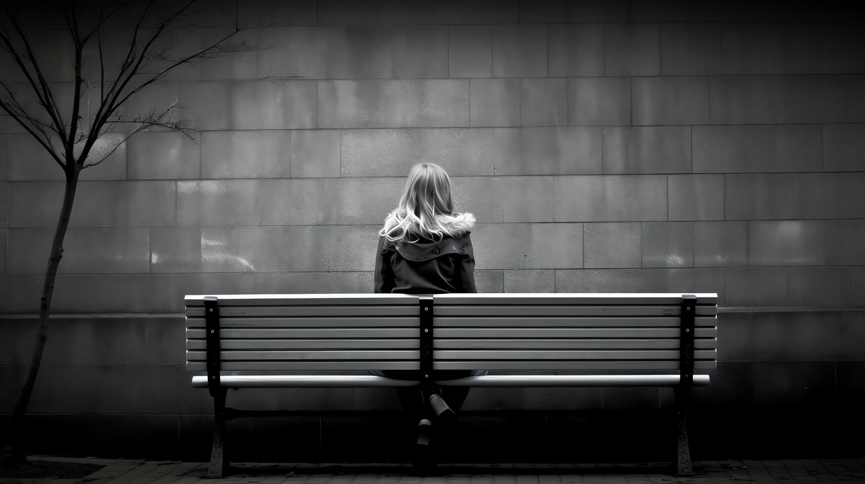 A black and white photo of a woman sitting on a park bench with her hands on her face.