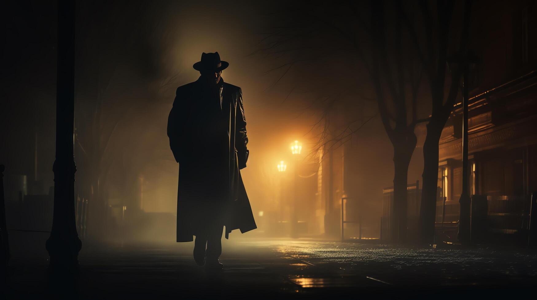 A dark and mysterious figure walking down a foggy street photo