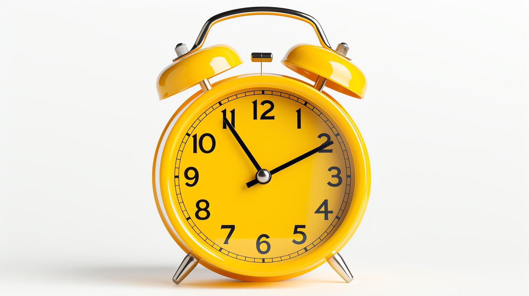 Vintage alarm clock, bright yellow, isolated against a stark white backdrop, highlighting bold colors and retro design. photo