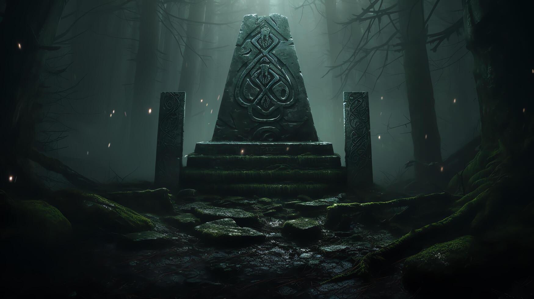 A dark and mysterious forest with a glowing stone monument in the center. The monument is covered in strange symbols and runes. photo
