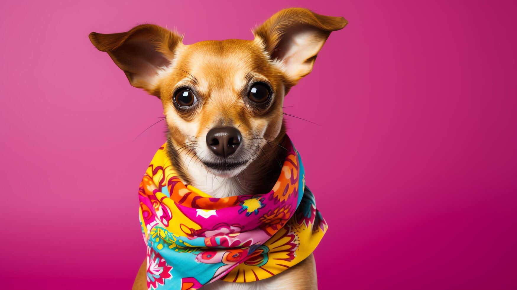 A joyful image of a small dog wearing a colorful bandana, posed with a simple backdrop, ideal for copy space usage in pet accessory advertisements or blogs. photo