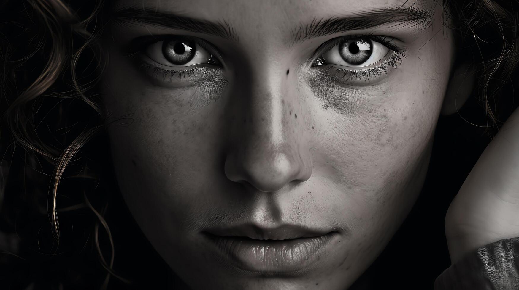 A close-up portrait of a young woman with curly hair and freckles on her face. She is looking at the camera with a serious expression. photo