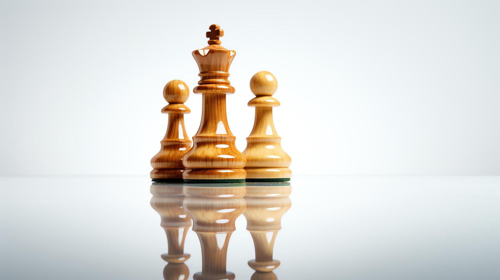 Single chess piece, the Queen, carved from wood, isolated on a reflective white surface, symbolizing strategy. photo