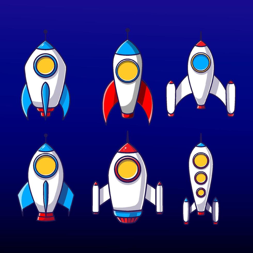 Cartoon illustration rocket launch isolated set. Set of different rocket Premium vector
