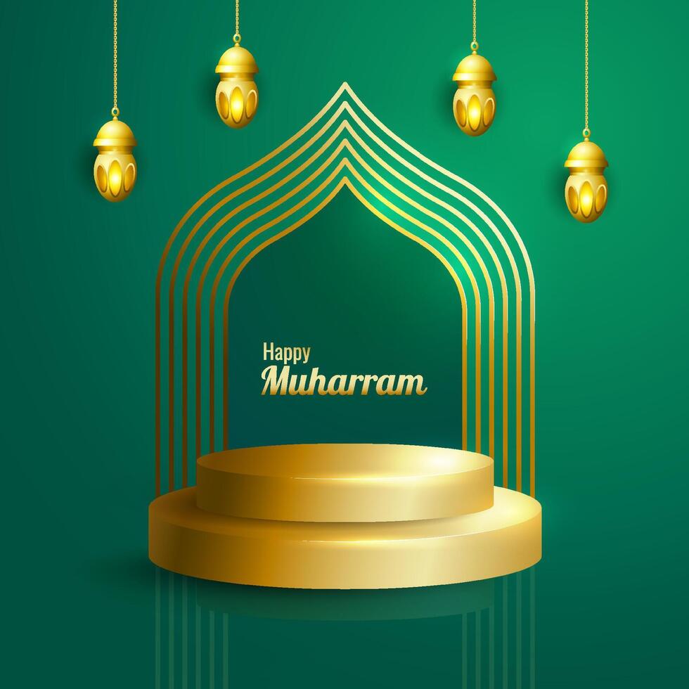 Realistic Happy muharram podium backgroud, muharram festival muslim holiday suitable for greeting card, business, poster, est vector
