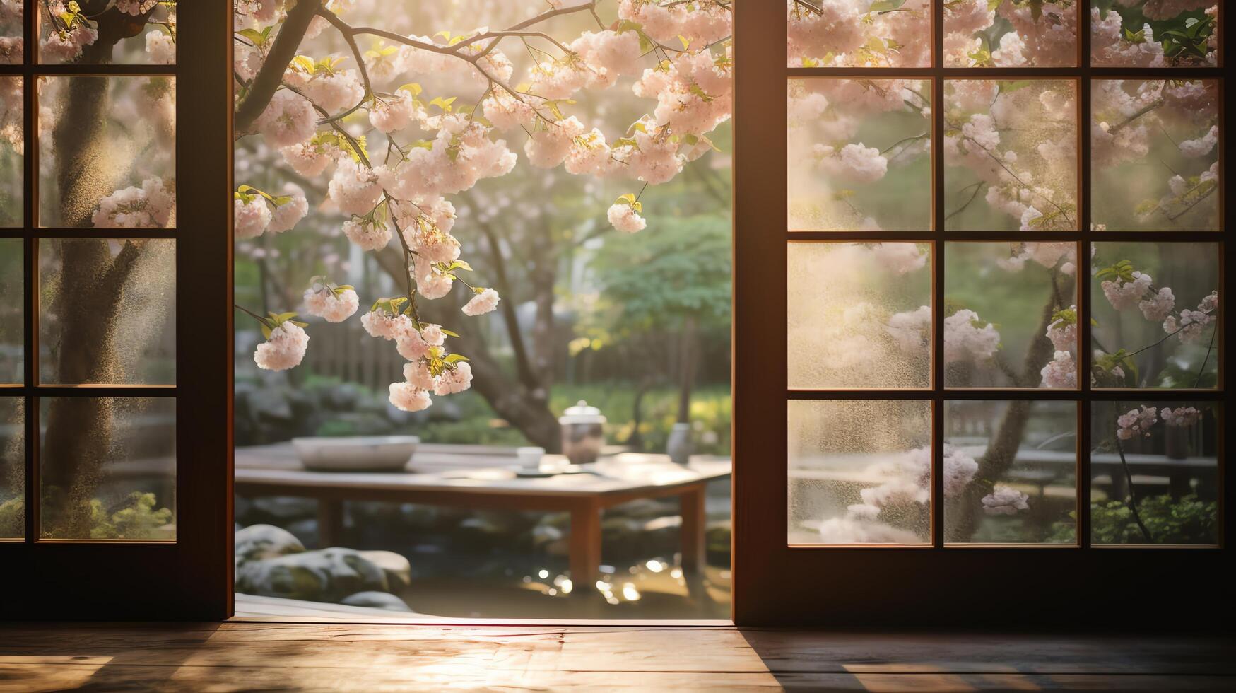 A photo of a cherry blossom tree in bloom, seen through a traditional Japanese window.