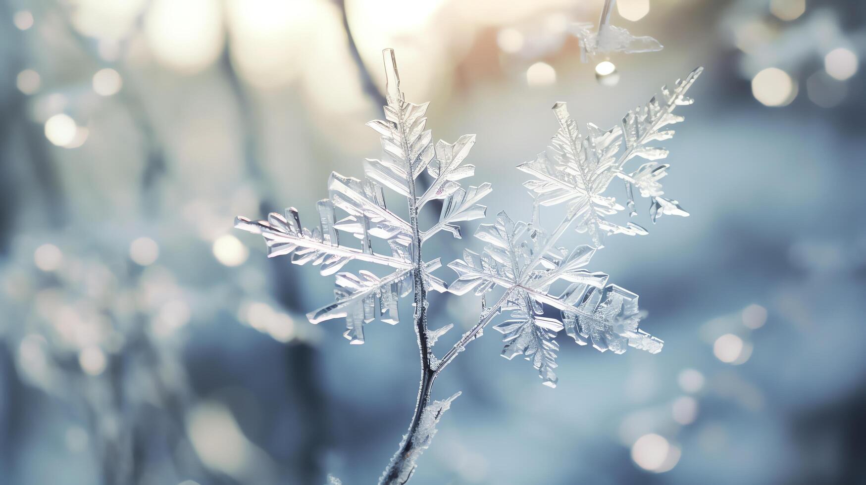 Generate a photo of a snowflake up close with a blurred background.