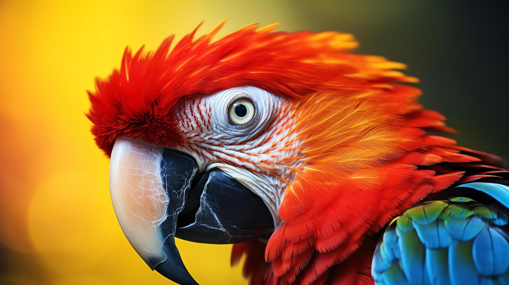 A closeup of a Macaw parrot with vibrant red, blue, and green feathers. The parrot is looking at the camera with its intelligent, curious eyes. photo
