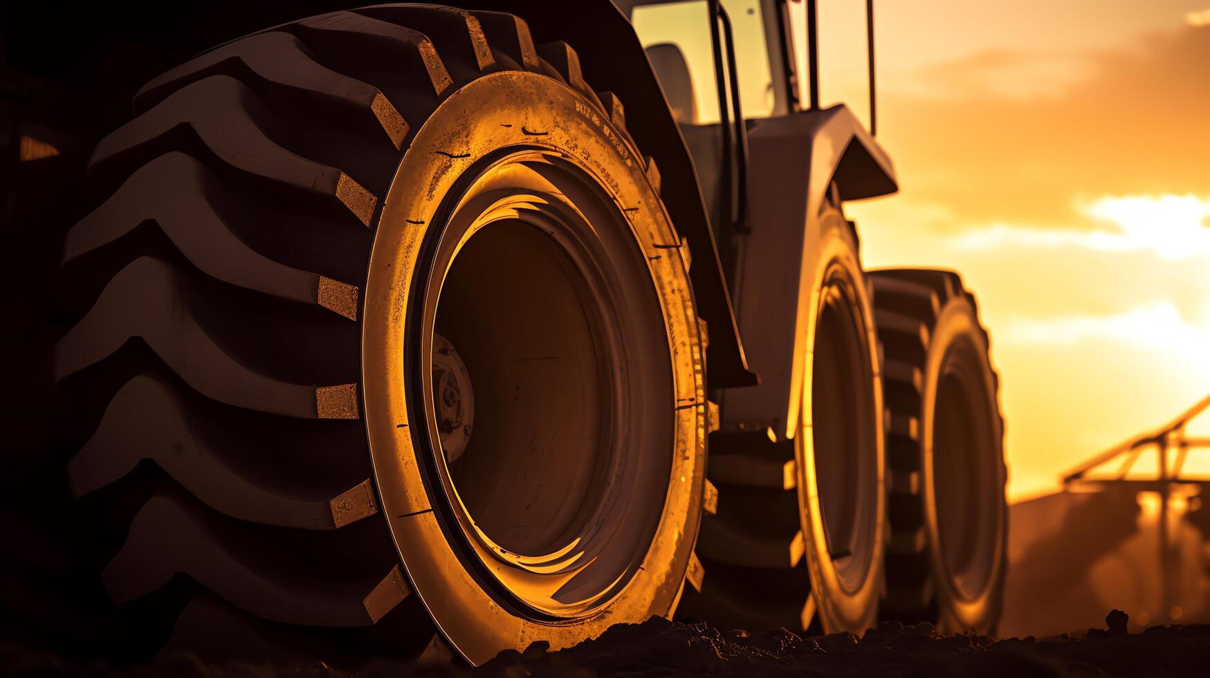 A large tractor sits in a field at sunset photo