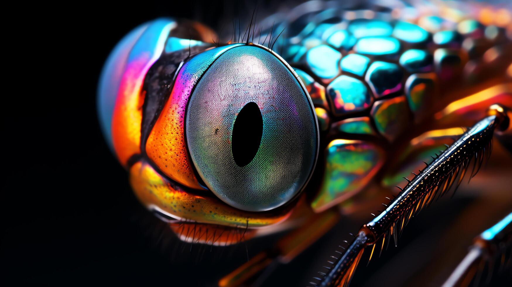 An iridescent dragonfly eye, up close and personal. The intricate details of the compound eye are visible, as well as the hairs that help to protect the eye. photo