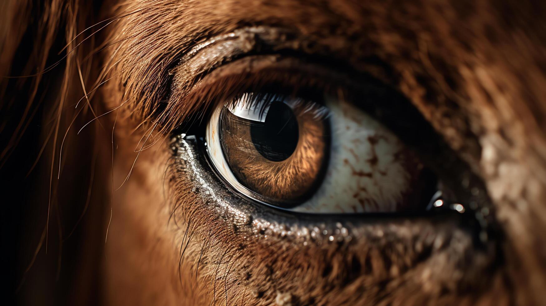 A close up of a brown horse's eye. The eye is dark and mysterious, with a hint of sadness. The horse's eyelashes are long and delicate, and its fur is a rich, dark brown. photo