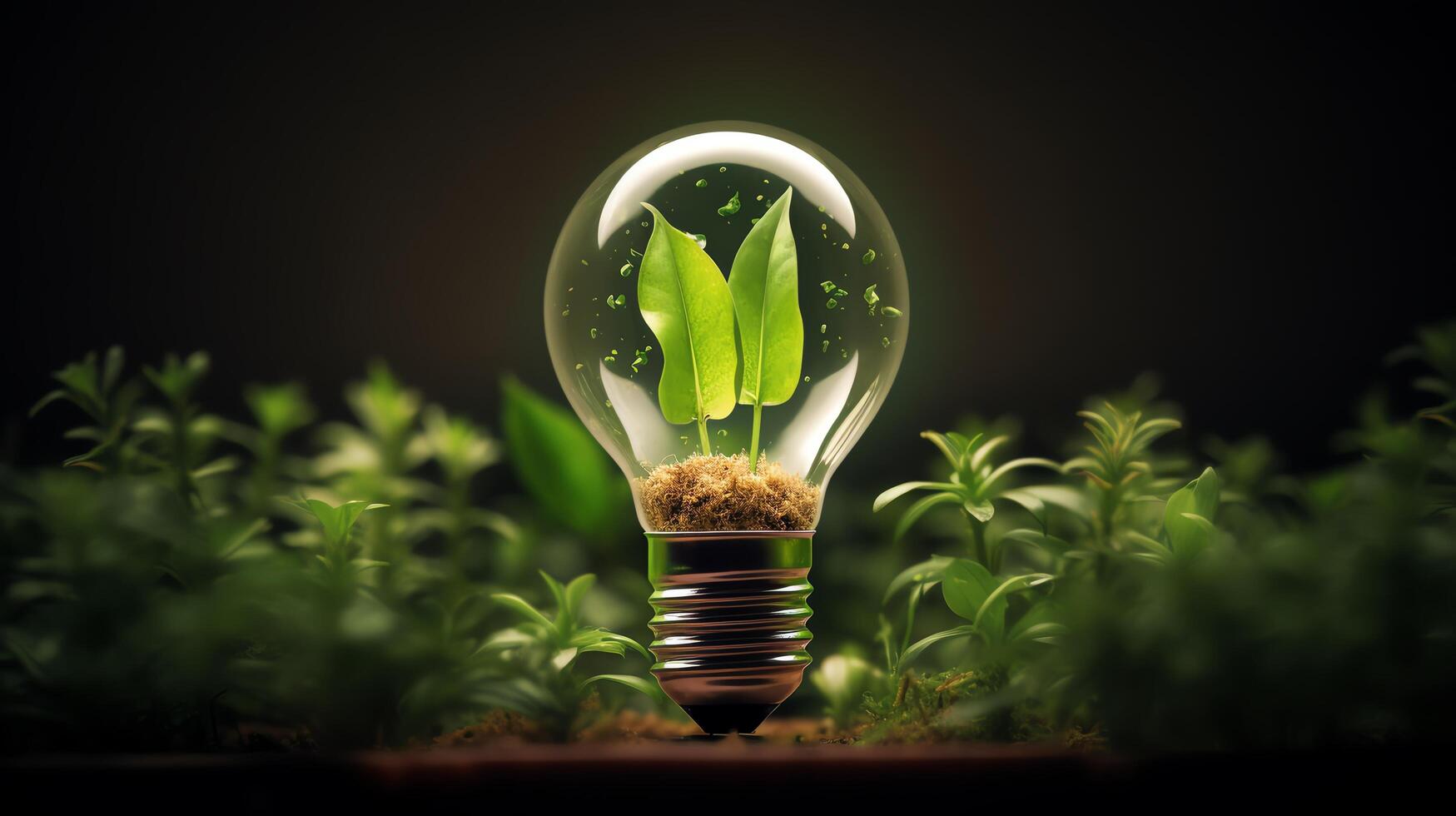 A light bulb with a plant growing inside it. The light bulb is glowing and the plant is green and healthy. The image is set against a dark background. photo