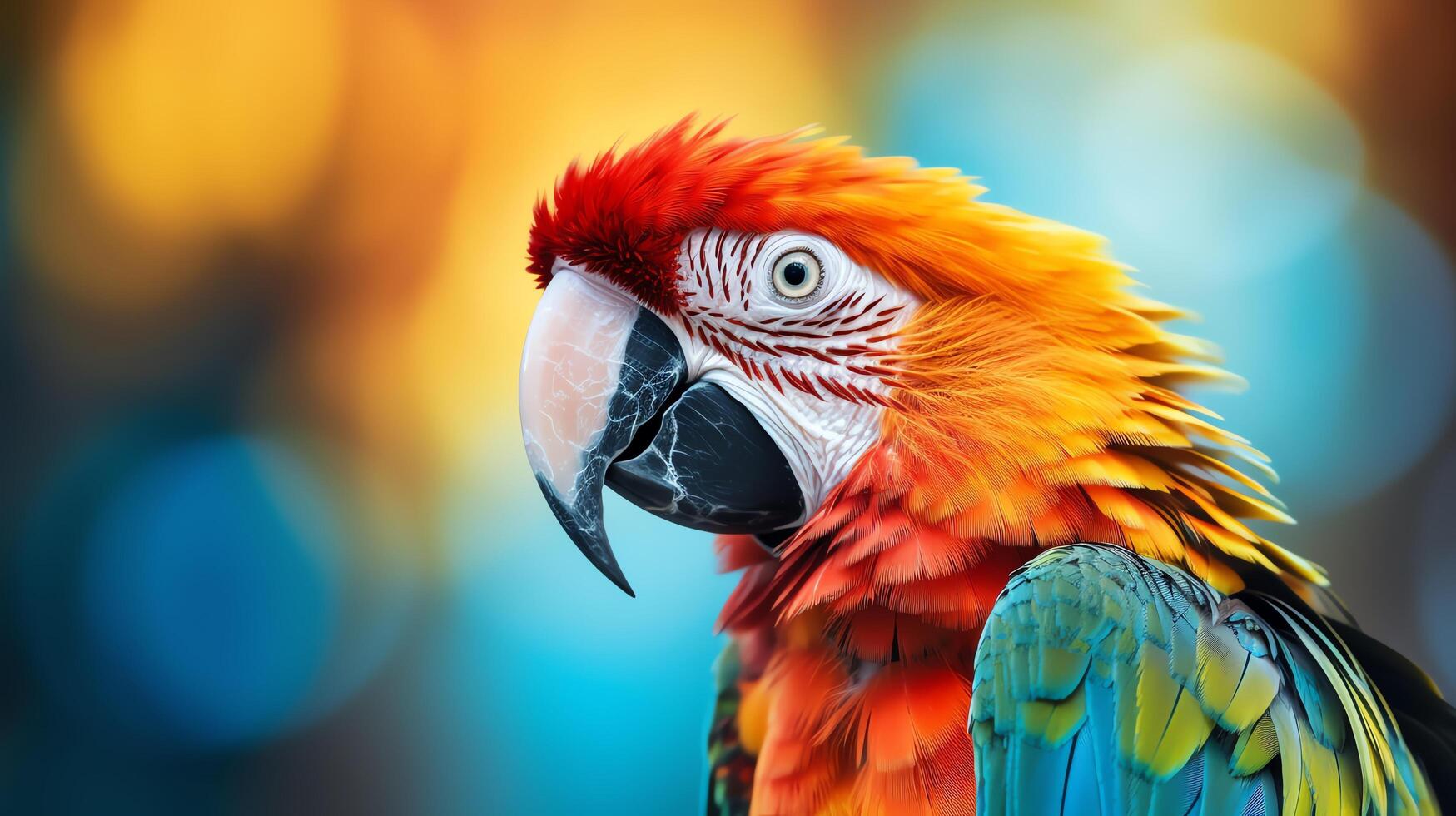 A closeup of a parrot with vibrant feathers. The parrot is looking to the left of the frame. The background is a colorful blur of orange, yellow, blue, and green. photo