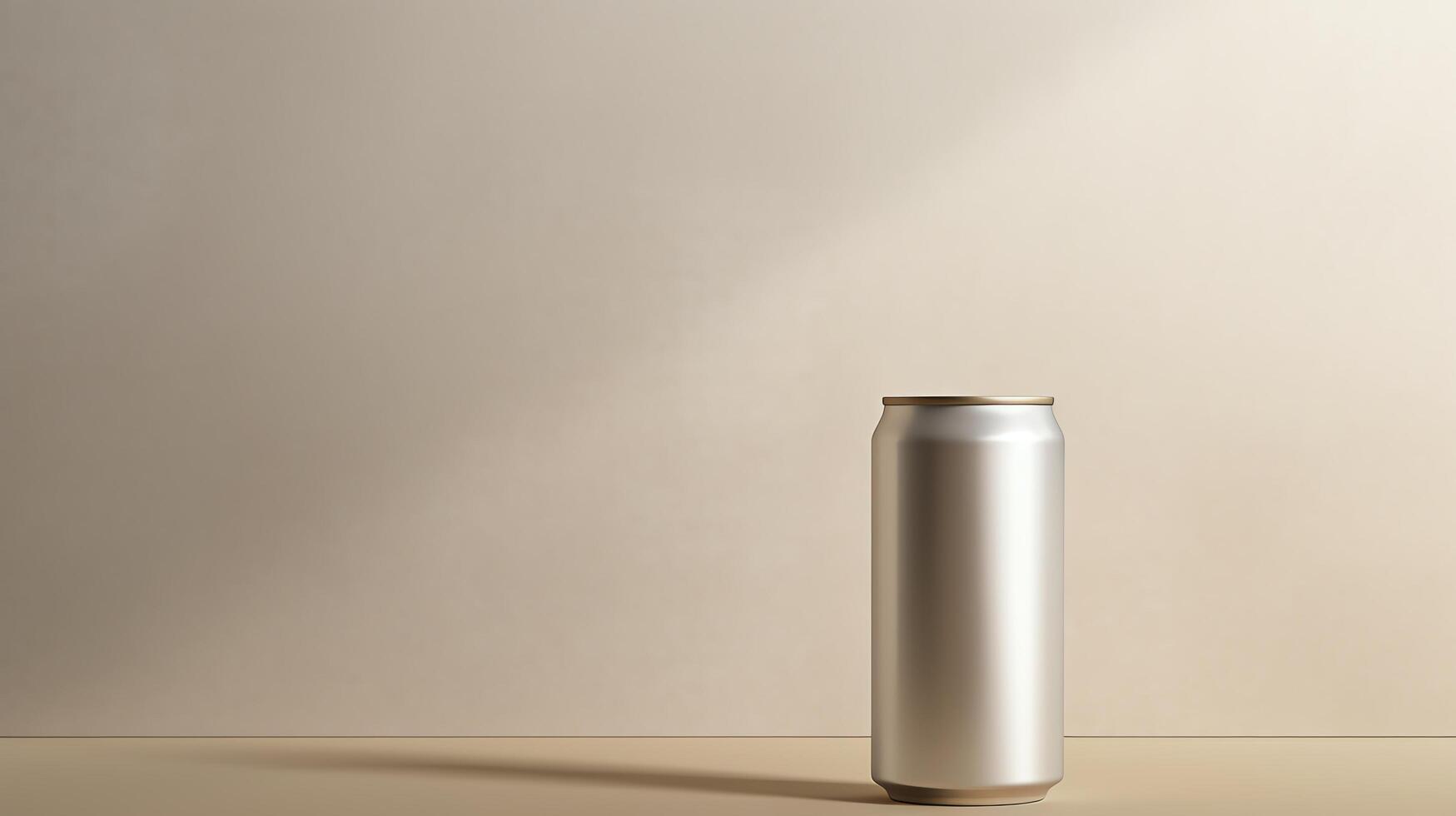 A sleek silver can with a metallic finish, sitting on a beige surface against a beige background. The can is plain with no label. photo
