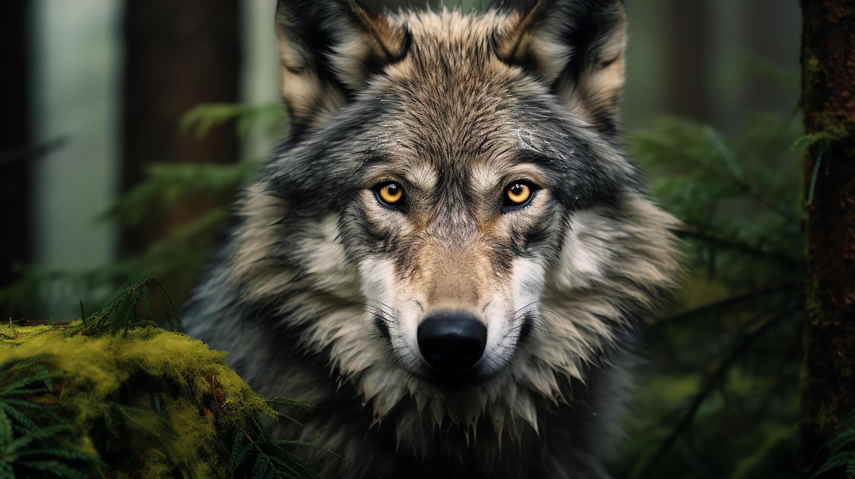 A stunning close-up portrait of a majestic grey wolf in the heart of the forest photo