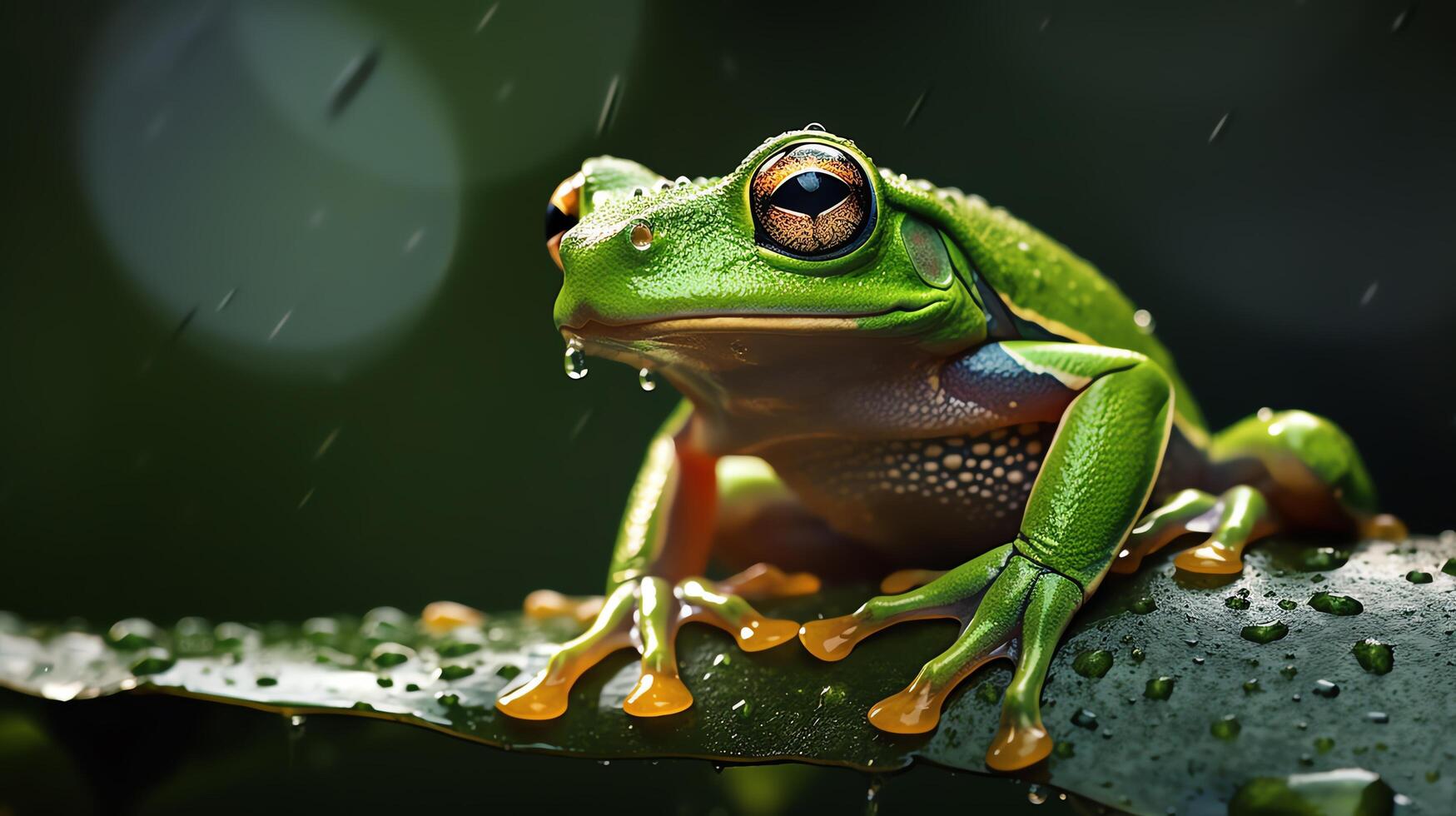 A bright green frog with orange feet is sitting on a leaf in the rainforest. The frog is looking at the camera. It has a raindrop on its nose. The background is blurred. photo