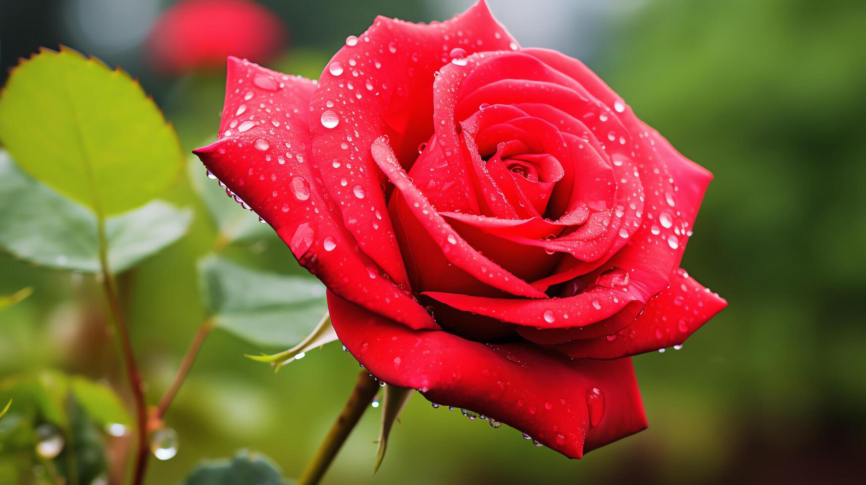 A beautiful red rose with water drops on its petals. The rose is in focus, with a blurred background. photo