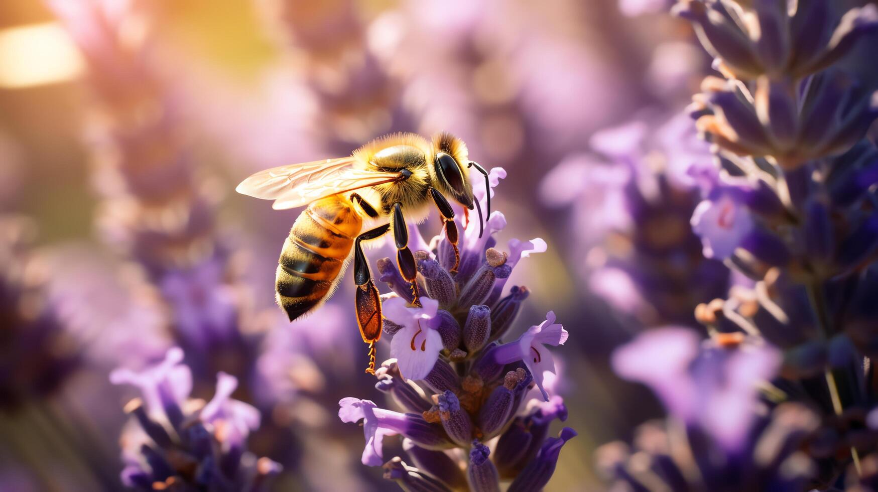 A bee pollinates a lavender flower. The bee is covered in yellow and black stripes. The lavender flower is purple. The flower is in focus and the background is blurred. photo