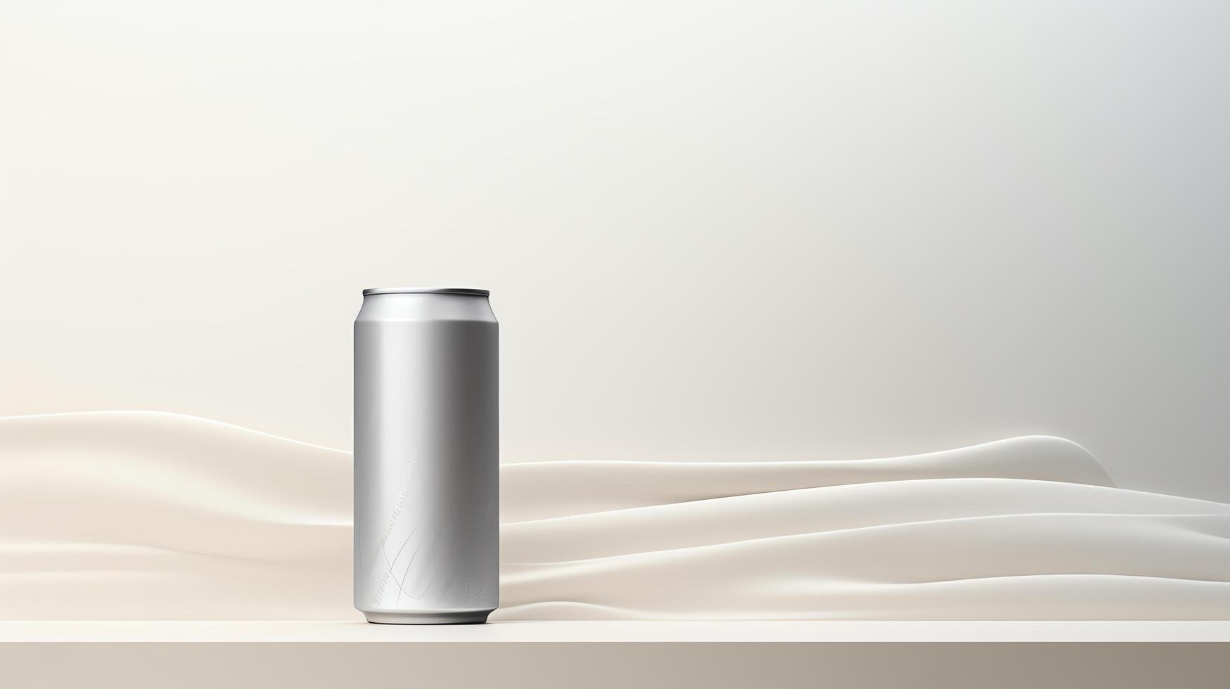 Create a photorealistic image of a single silver aluminum can on a solid white table with a soft, off-white background photo