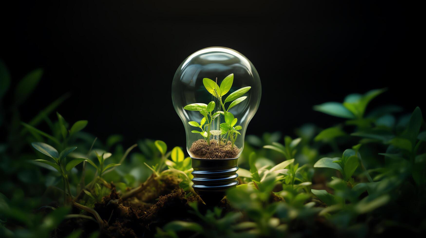A light bulb with a plant growing inside it. The light bulb is glowing, and the plant is green and healthy. The image is set against a dark background. photo