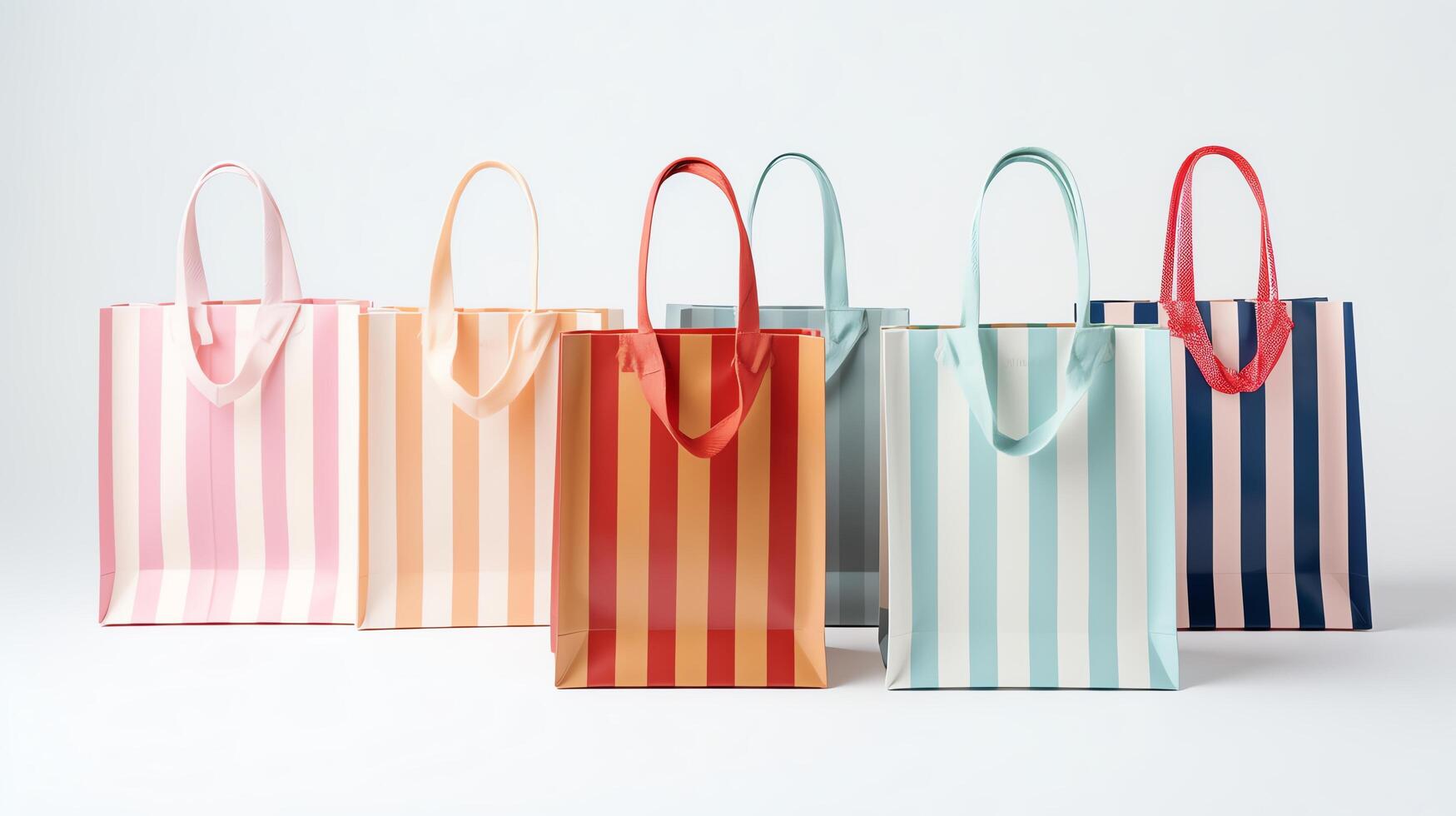 Colorful striped shopping bags. Perfect for carrying your purchases in style. With a variety of colors and styles to choose from, you're sure to find the perfect bag for you. photo